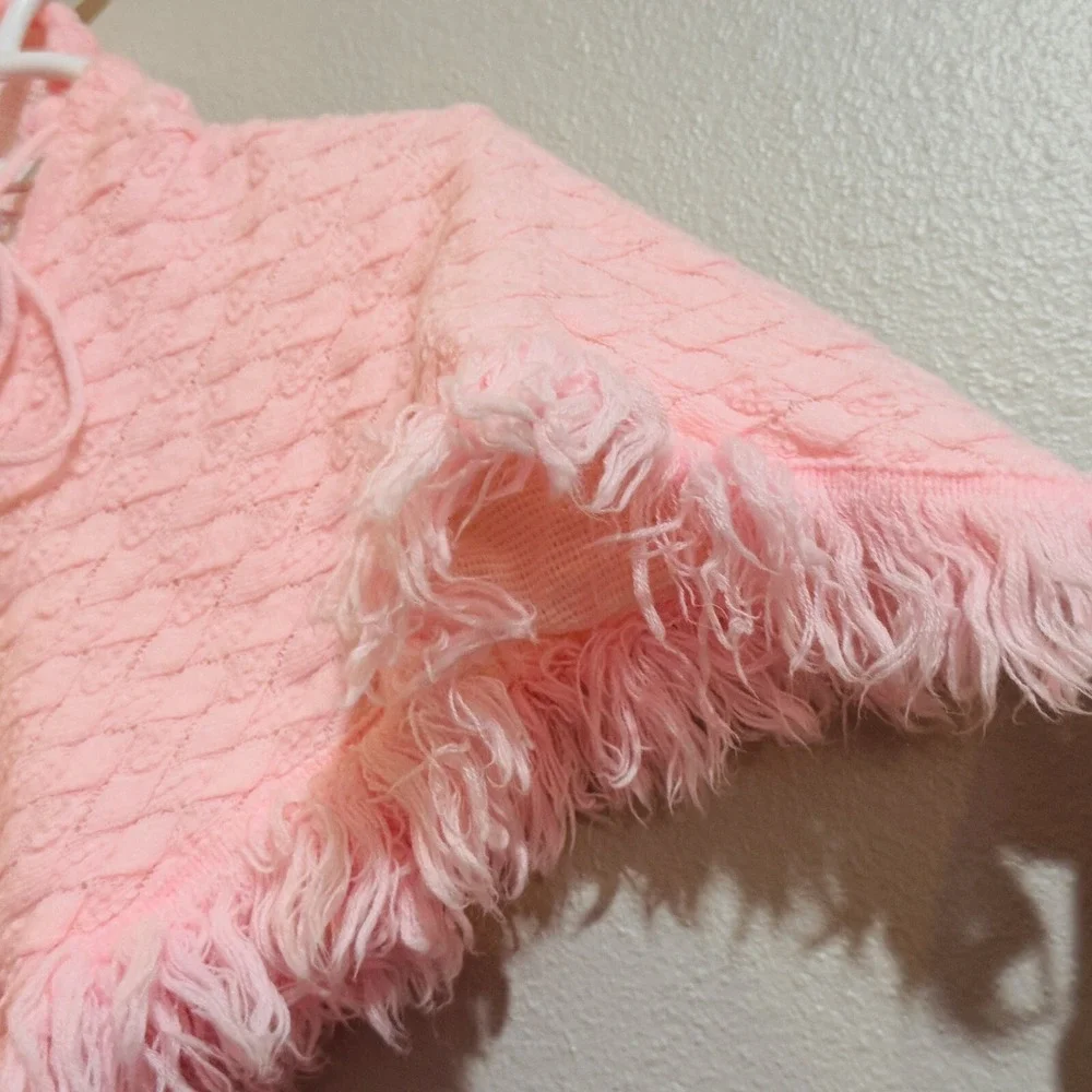 Blue Bird Toddler Pink Sweater Fringed Poncho Cape‎ Vintage 70s